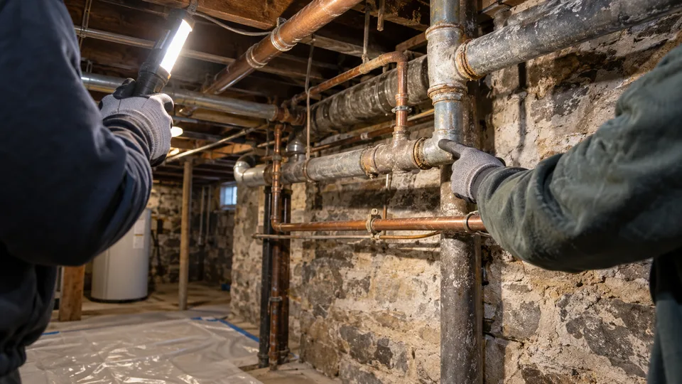 Plumber in Troy NY about us photo of a licensed plumber with tools in a Troy basement