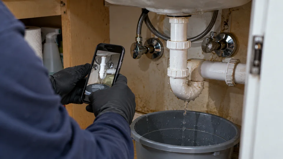 Contact a plumber Troy NY form on a phone next to a leaking kitchen sink