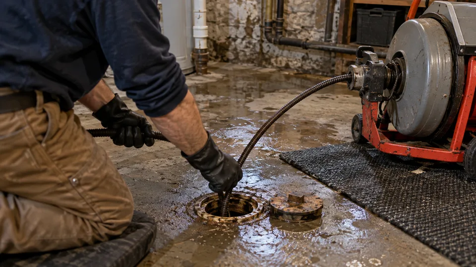 Professional drain cleaning equipment clearing a Troy basement drain
