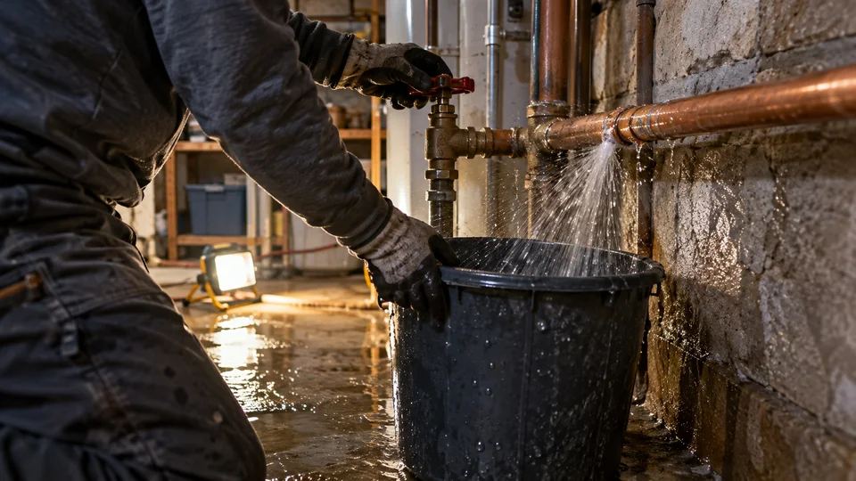 Emergency plumber controlling a leaking pipe in a Troy basement
