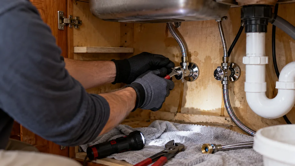 Plumber repairing supply valves below a kitchen sink
