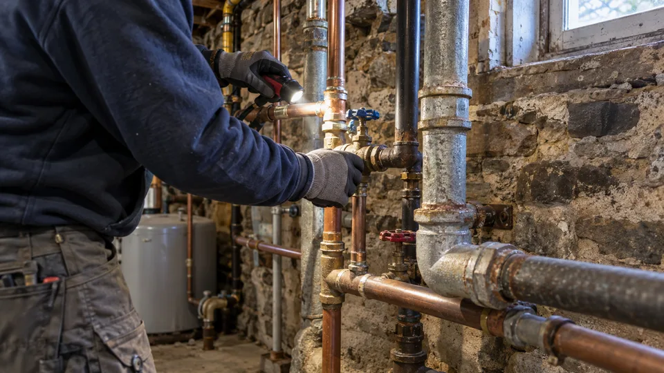 Plumber Troy NY checking old pipes in a basement of a Troy two family home