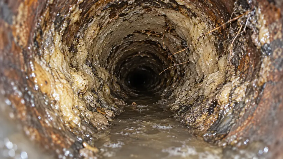 Sewer camera view before hydro jetting showing grease, scale and fine roots inside the pipe