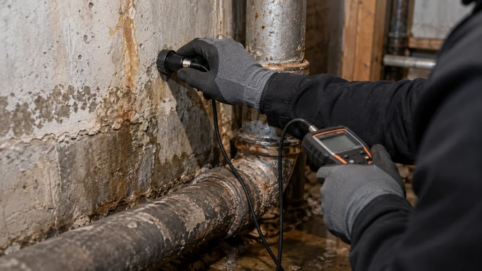 Plumber using listening equipment to locate a hidden leak