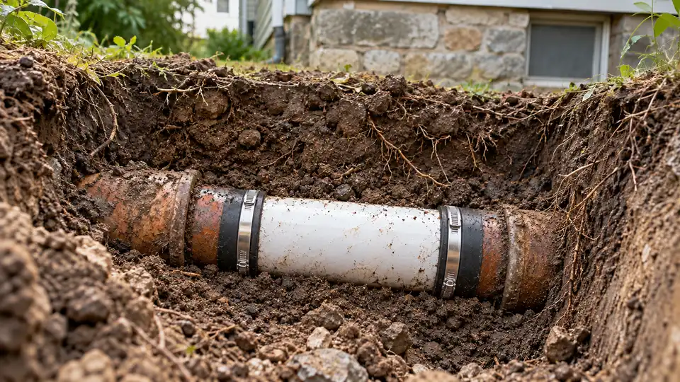 Same sewer trench after the cracked clay section was replaced with new PVC and shielded couplings