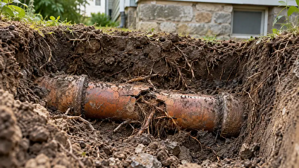 Cracked clay sewer pipe with root intrusion before a localized repair in Troy NY