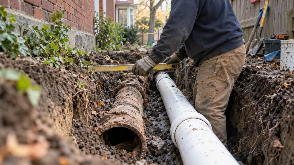 Sewer line work in a residential yard in Troy NY