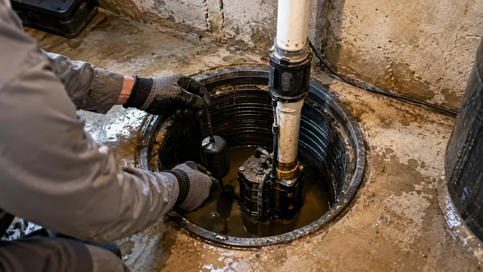 Plumber testing a sump pump in a Troy basement
