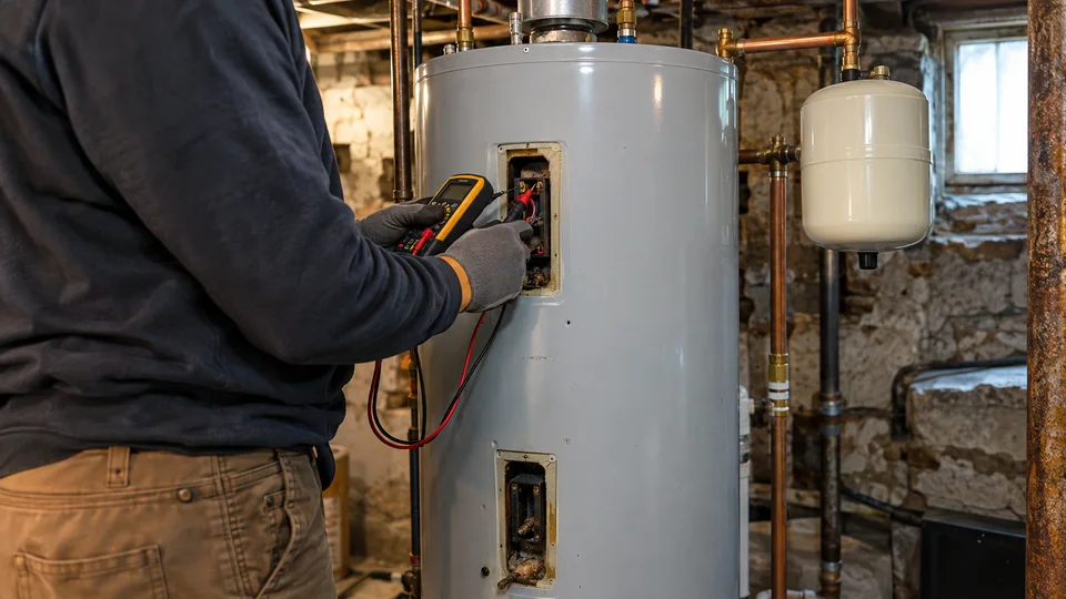 Plumber inspecting a residential water heater in Troy NY
