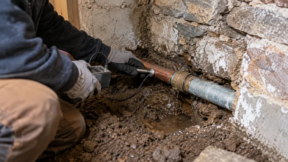 Plumber inspecting a residential water service line in Troy NY